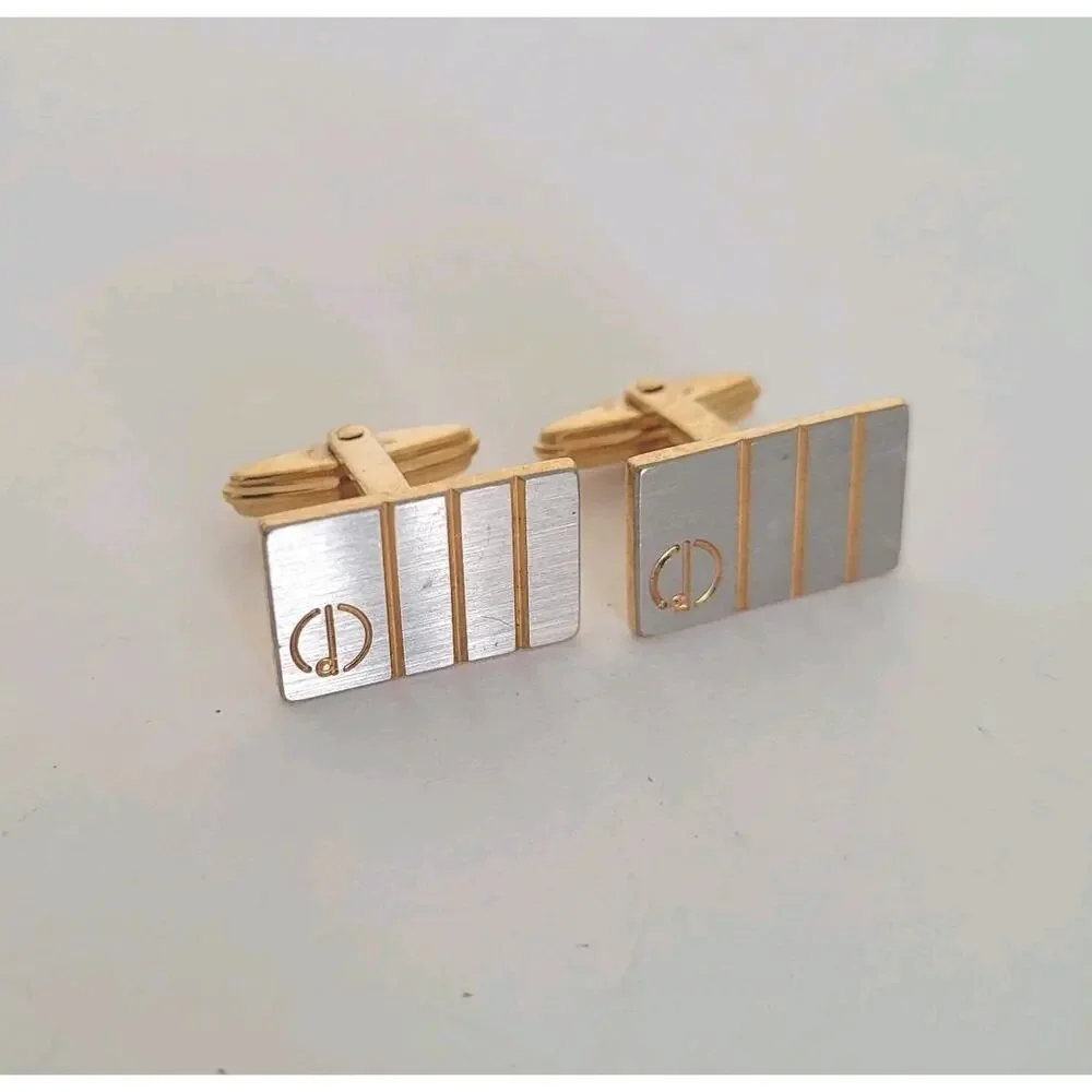 Dunhill D Cufflinks Silver Gold Tone Logo Rectangle Logo Retro Stripped Vintage